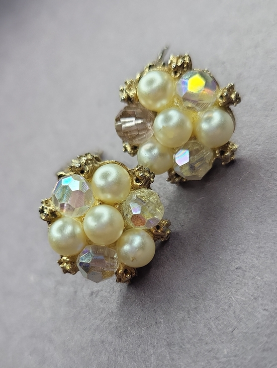 Jewelry - Gold Pearl Cluster Clip Earrings with Aurora Crystal Accents